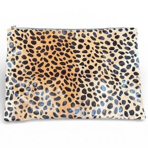 Clare V. Large Leopard Haircalf Clutch Zip Pouch Animal Print